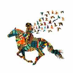 色彩斑斓的少数民族图案模式女人骑鸟