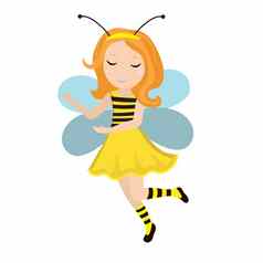 可爱的女孩蜜蜂图标平卡通风格婴儿狂欢节服装蜜蜂孤立的白色背景插图