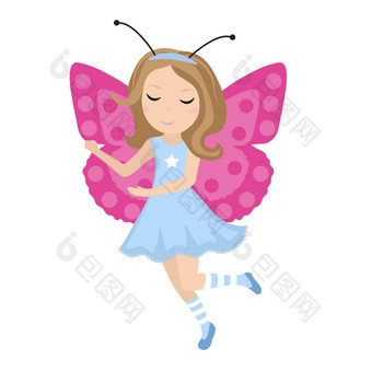 可爱的女孩蝴蝶图标平卡通风格婴儿狂欢节服装孤立的白色背景插图