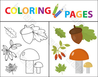 着色书页面孩子们森林集草图大纲颜色版本<strong>儿童教育</strong>插图