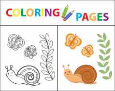 着色书页面孩子们蜗牛植物蝴蝶草图大纲颜色版本儿童教育插图