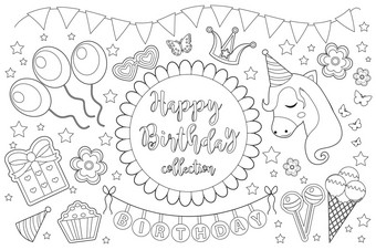 快乐生日可爱的着色书页面孩子们聚会，派对集合设计元素气球杰兰糖果糖果蛋糕插图