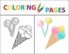 着色书页面孩子们冰奶油糖果坚持草图大纲颜色版本儿童教育插图