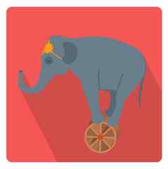 马戏团大象轮图标平风格长阴影孤立的白色背景插图