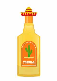 龙舌兰酒瓶图标平卡通风格孤立的白色背景插图剪辑艺术传统的墨西哥喝