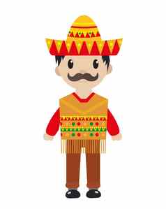 墨西哥传统的套房图标平卡通风格男人。孤立的白色背景插图剪辑艺术