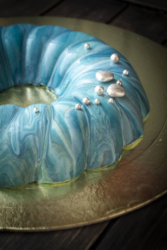 摩丝蛋糕装饰海洋风格覆盖蓝色的镜子釉银装饰欧洲法国甜点