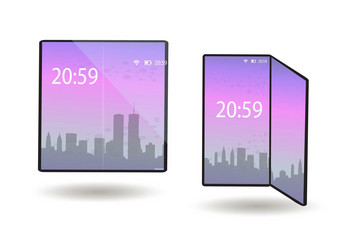 可折叠的电话智能手机灵活的屏幕折叠展开位置平板电脑设备你显示现代技术插图