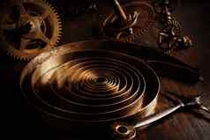 生锈的看部分齿轮轮子黑暗修复古董黄铜时钟