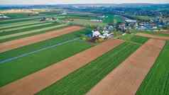 空中视图亚米希人农场农村春天一天绿色棕色（的）字段无人机