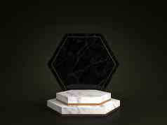 呈现白色大理石基座孤立的黑色的背景六角黄金框架纪念董事会六角步骤摘要最小的概念空白空间清洁设计奢侈品极简主义模型
