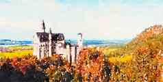 水彩画艺术打印城堡高山山