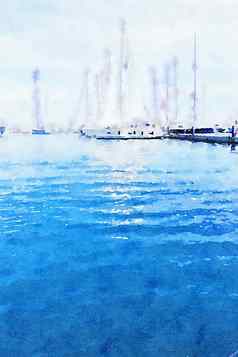 水彩画艺术打印游艇海夏天