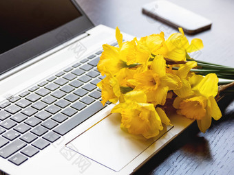 花束那喀索斯水仙花说谎银金属移动PC明亮的黄色的花可移植的设备智能手机木背景