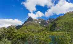 典型的斯堪的那维亚景观梅多斯山峡湾罗弗敦群岛岛屿挪威