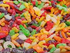 色彩斑斓的橡皮糖糖果前视图平躺背景美味的糖果