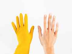 女人手白色背景左手黄色的橡胶手套孤立的象征好清洁服务保护手套清洁