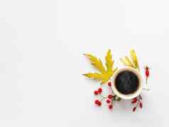 杯热咖啡秋天叶子浆果白色背景温暖的饮料白色杯子复制空间
