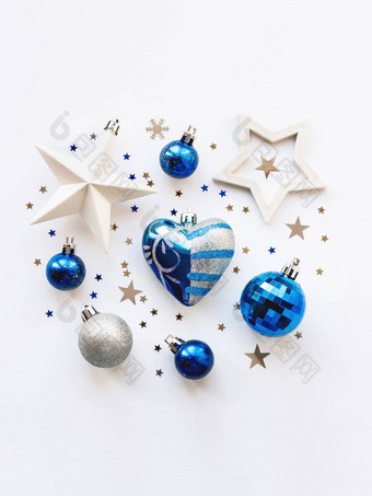 圣诞节一年背景装饰形状的圆银蓝色的<strong>球星</strong>星五彩纸屑心