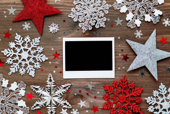 圣诞节一年背景装饰球星星银闪闪发光的雪花五彩纸屑木表格空照片框架模拟