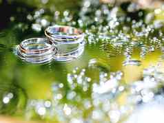 一对婚礼环湿镜子表面叶子反射关闭照片传统的珠宝新娘新郎