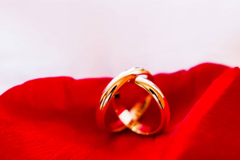 金<strong>婚礼</strong>环红色的玫瑰花瓣<strong>婚礼珠宝</strong>细节象征爱婚姻