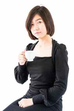 女人持有咖啡杯孤立的白色
