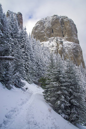 雪路径巨大的岩石山