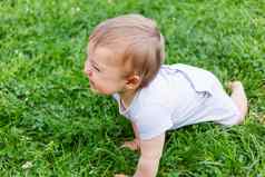 婴儿爬行草孩子笑户外活动孩子自然背景孩子夏天草坪上新鲜的草