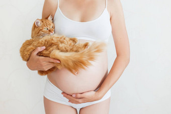 怀孕了女人白色内衣可爱的姜猫年轻的女人期待婴儿风险感染弓形体病