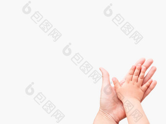 手成人孩子妈妈。孩子把手掌白色背景父蹒跚学步的象征家庭一致支持