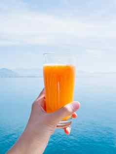 手新鲜的美味的鲜榨汁成熟的橙子玻璃平静海山地平线带火鸡