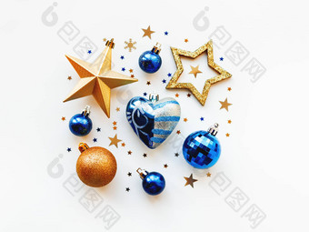 圣诞节一年背景装饰形状的圆金蓝色的球星星五彩纸屑心