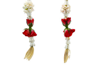 色彩斑斓的泰国加兰花红色的玫瑰白色champaka大丽茉莉花花白色背景