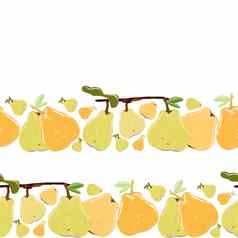 黄色的橙色梨叶子无缝的水平边境白色背景