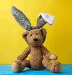 可爱的棕色（的）泰迪熊穿兔子面具长耳朵