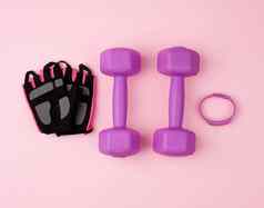一对紫色的塑料哑铃黑色的手套粉红色的回来