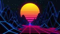 复古的未来主义的科幻背景电子游戏景观霓虹灯灯
