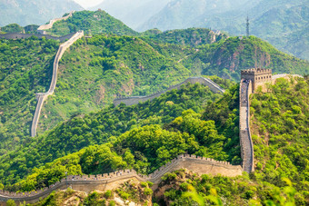 全景伟大的墙中国绿色山mounta