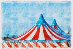 数字水彩绘画红色的白色马戏团帐篷超过蓝色的主演封面阳光明媚的蓝色的天空云