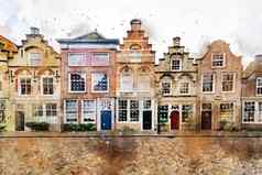 阿姆斯特丹城市房子典型的佛兰德的建筑风格铺设行小雨润湿砖人行道上街