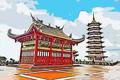 红色的中国人宝塔寺庙高山山多云的天空