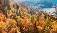 美丽的自然欧洲阿尔卑斯山脉景观视图高山山湖村秋天季节旅行目的地
