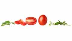 成熟的红色的西红柿片绿色叶白色后台