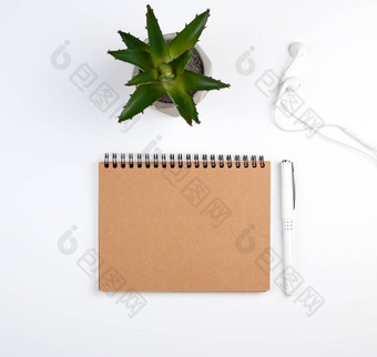 螺旋笔记本空表笔绿色植物