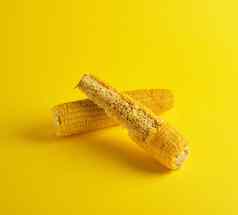 煮熟的玉米棒子谎言黄色的背景