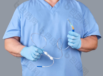 医生蓝色的乳胶手套统一的持有医疗联合