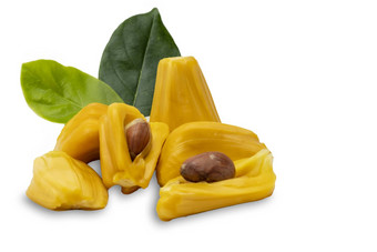 菠萝蜜成熟的黄色的水果肉绿色叶孤立的whi