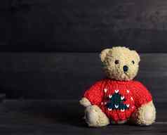 棕色（的）泰迪熊红色的毛衣坐在