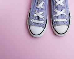 一对穿紫色的运动鞋白色鞋带